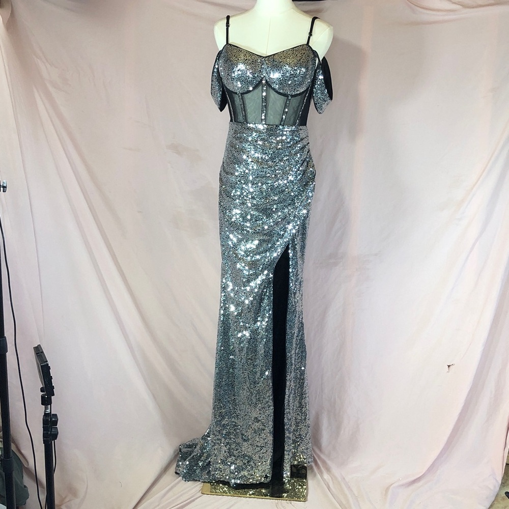 Silver Sequin Gown w/ train Pageant Prom Sheer Size Medium